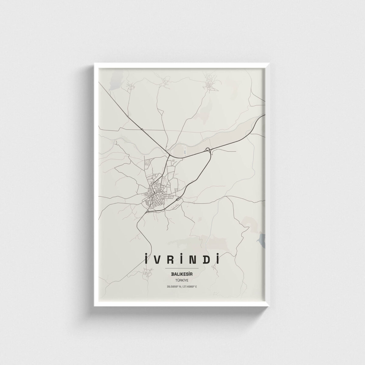 Balıkesir İvrindi ilçe haritası posteri, beyaz çerçeveli tablo