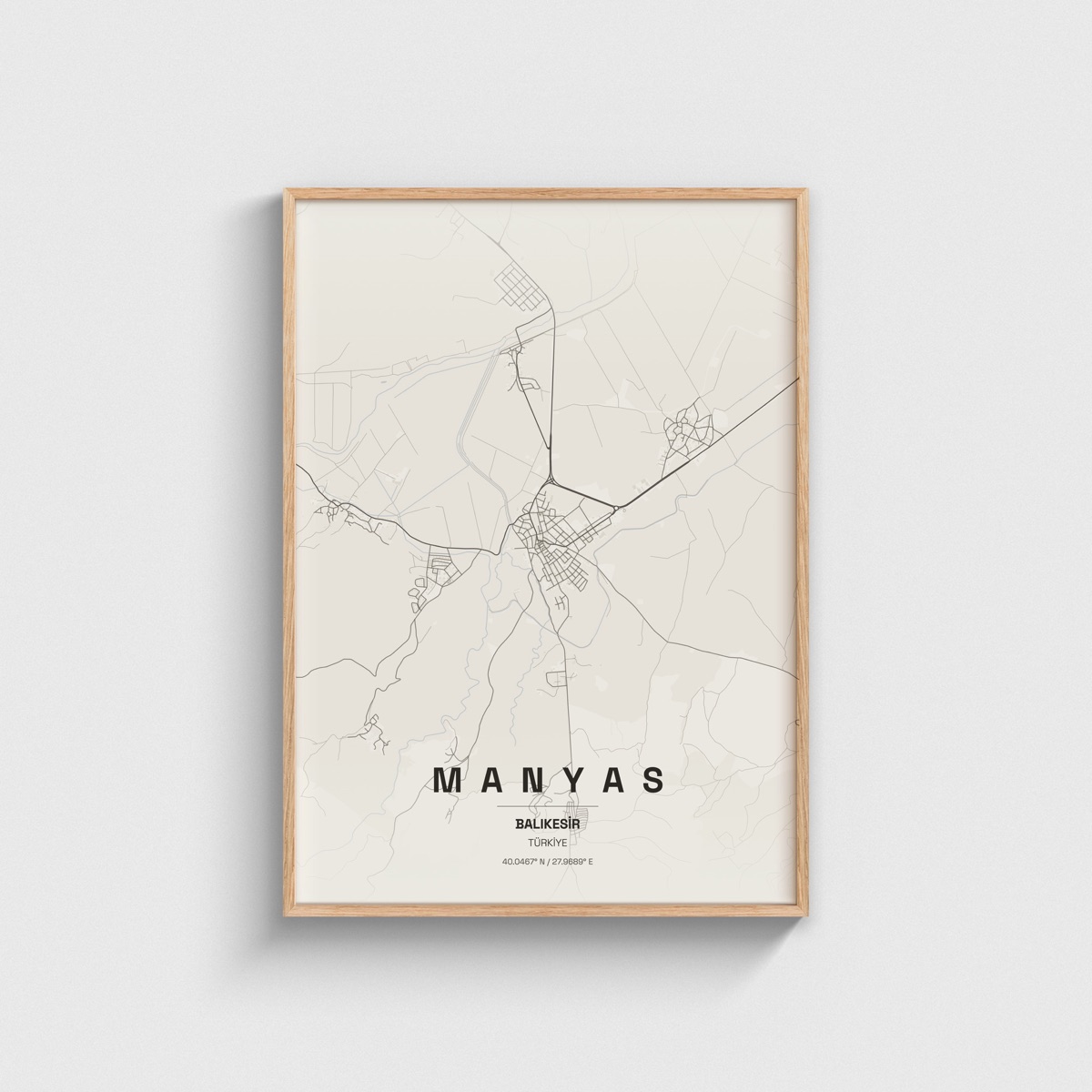 Balıkesir Manyas İlçe Haritası Posteri, ahşap çerçeveli tablo