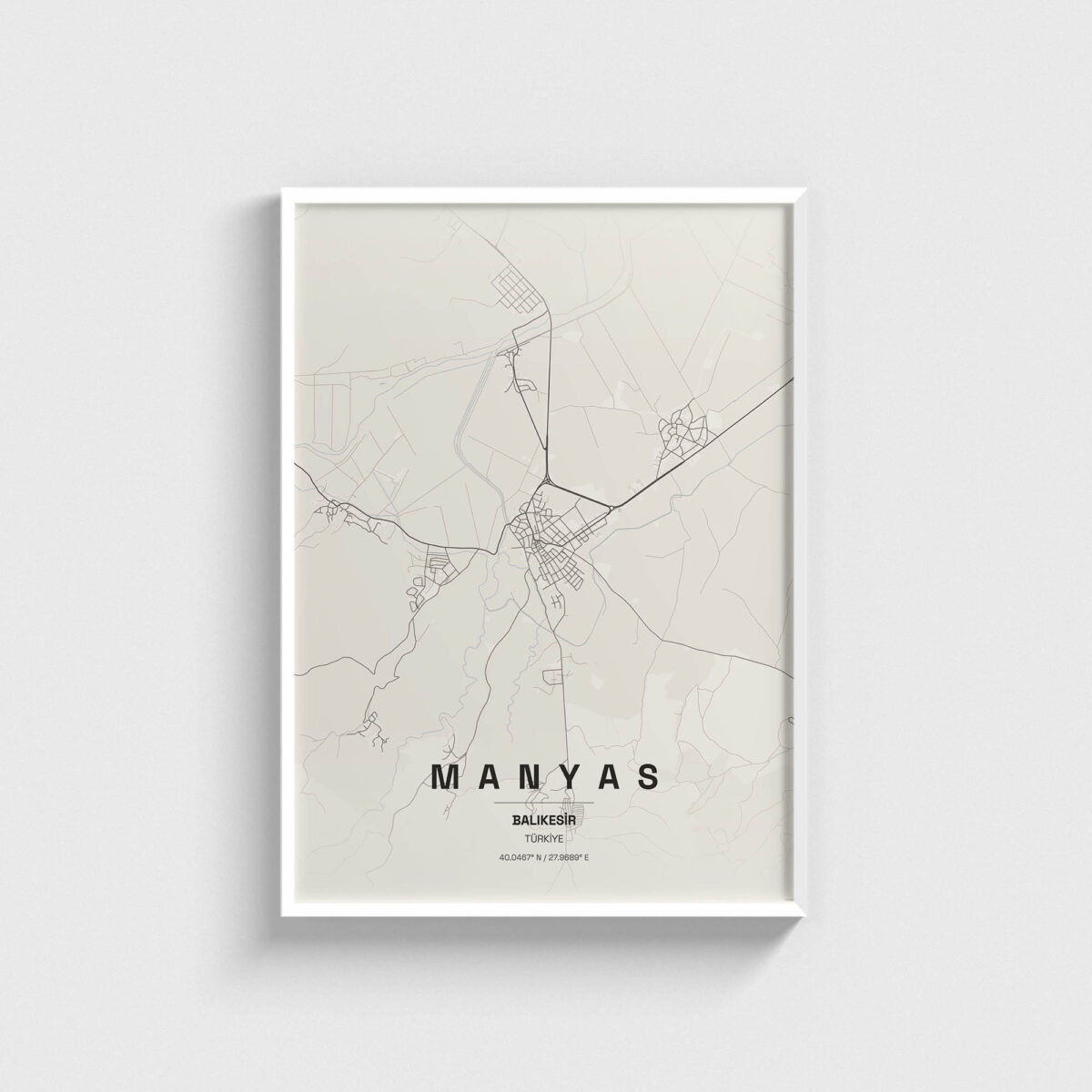 Balıkesir Manyas ilçe haritası posteri, beyaz çerçeveli tablo
