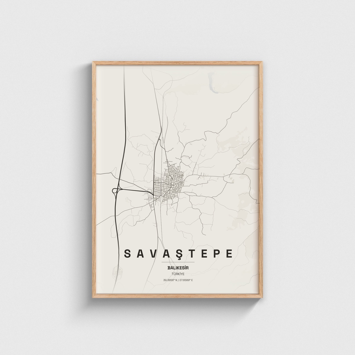 Balıkesir Savaştepe İlçe Haritası Posteri, ahşap çerçeveli tablo