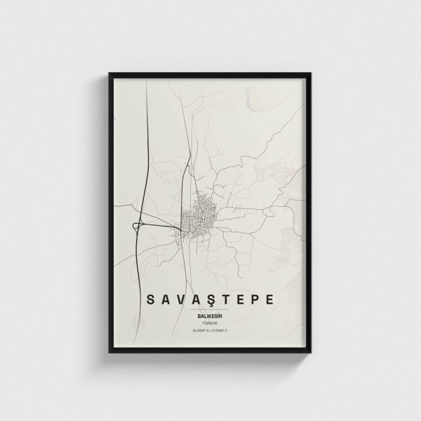 Balıkesir Savaştepe ilçe haritası posteri, siyah çerçeveli tablo