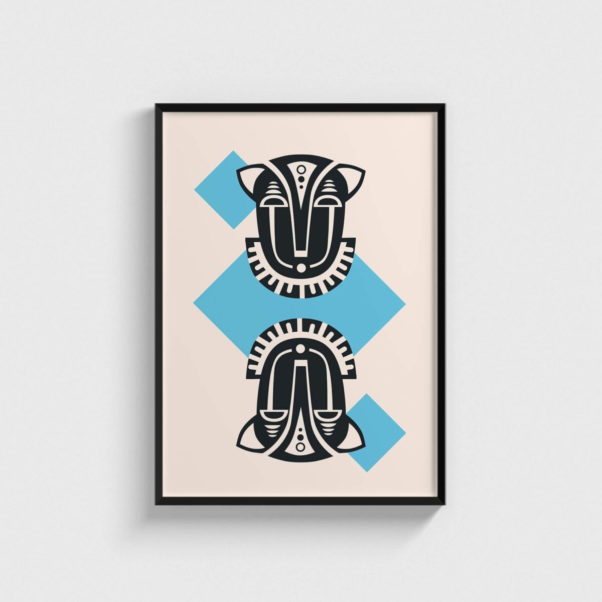 Mavi Karolu Etnik Maskeler geometrik posteri, siyah çerçeveli tablo