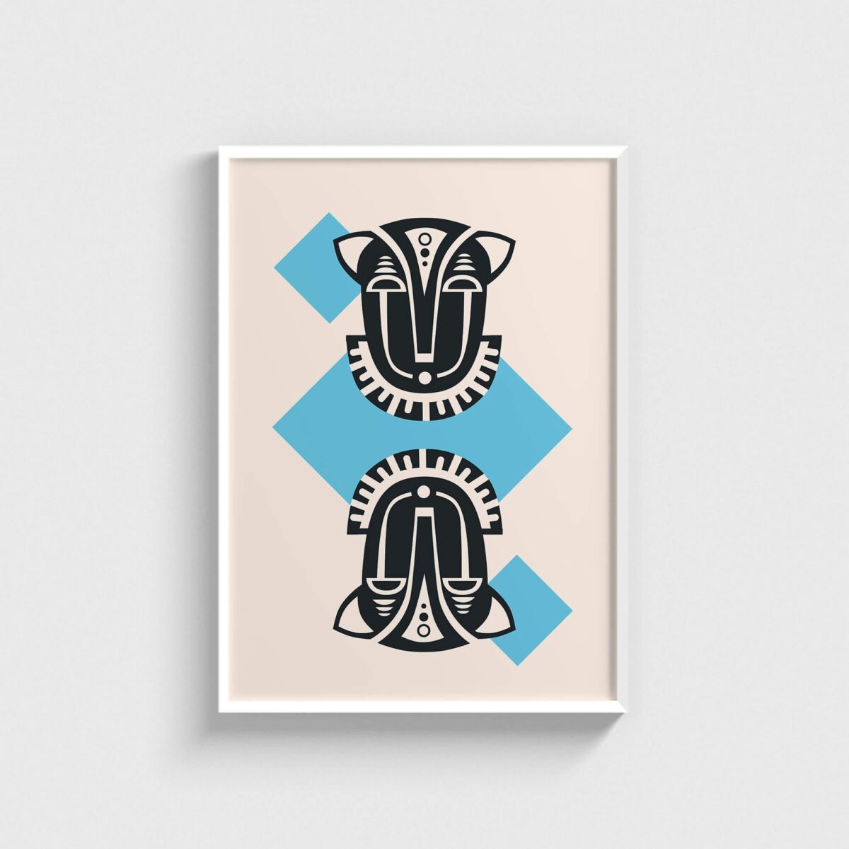 Mavi Karolu Etnik Maskeler geometrik posteri, beyaz çerçeveli tablo