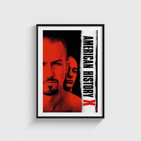 American History X film posteri, kırmızı tasarım, siyah çerçeveli tablo