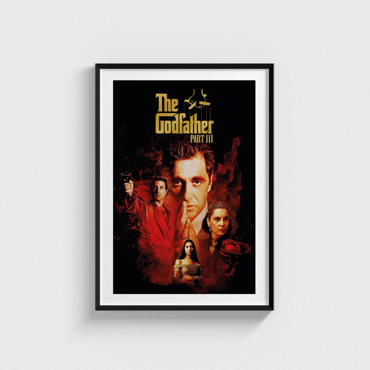 The Godfather Part III film posteri, kırmızı kolaj, siyah çerçeveli tablo
