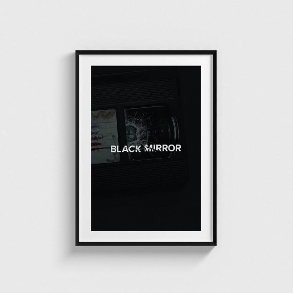 Black Mirror dizi posteri, minimalist tasarım, siyah çerçeveli tablo