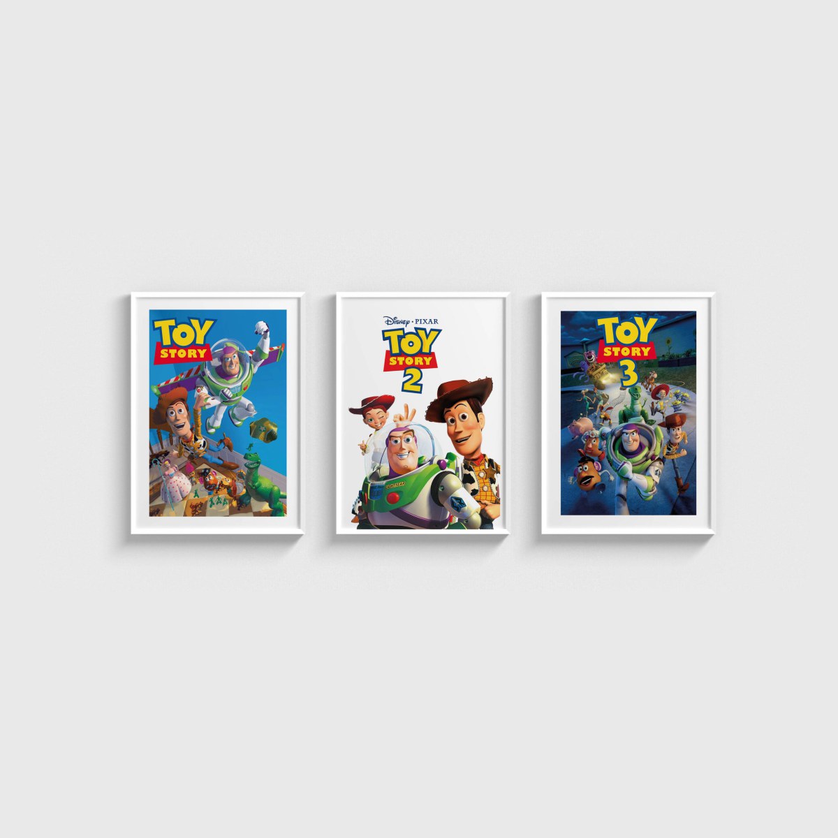 Toy Story Üçlü Poster Seti, beyaz çerçeveli tablo seti