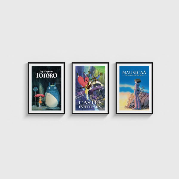 Studio Ghibli Üçlü Poster Seti, siyah çerçeveli tablo seti
