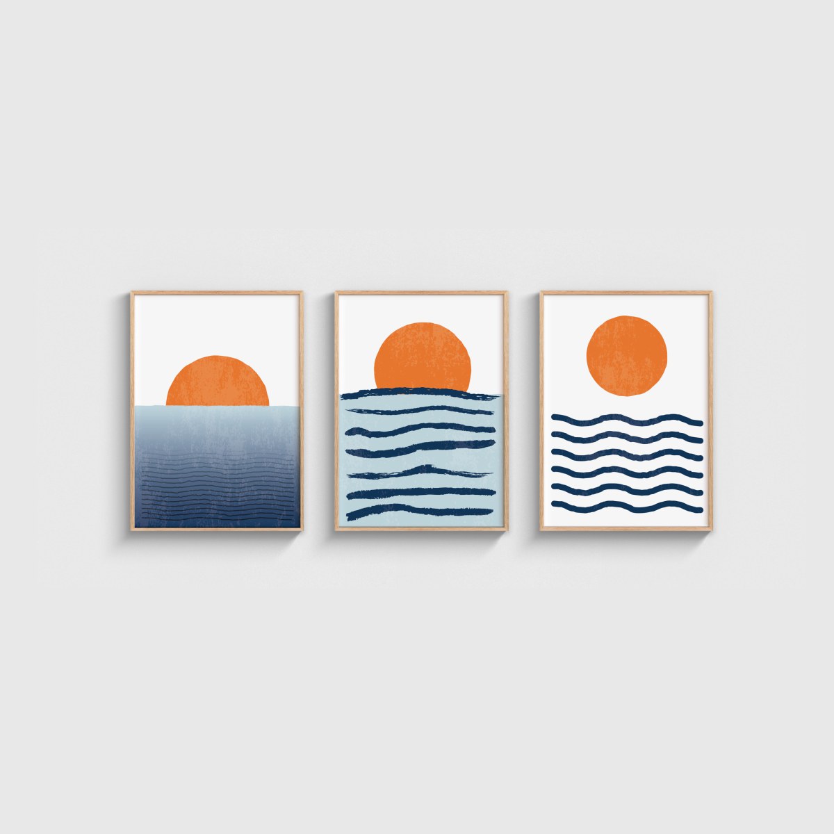 Sea And Sun Üçlü Poster Seti, ahşap çerçeveli tablo seti
