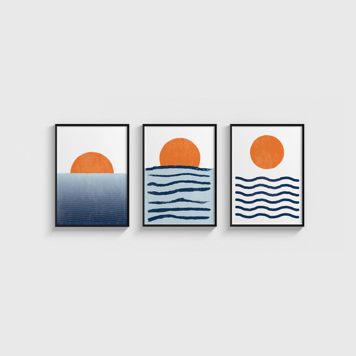 Sea And Sun Üçlü Poster Seti, siyah çerçeveli tablo seti