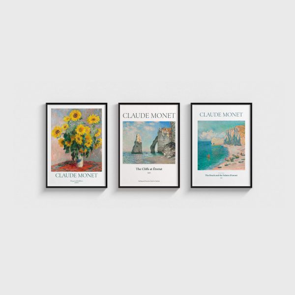Claude Monet Üçlü Poster Seti, siyah çerçeveli tablo seti