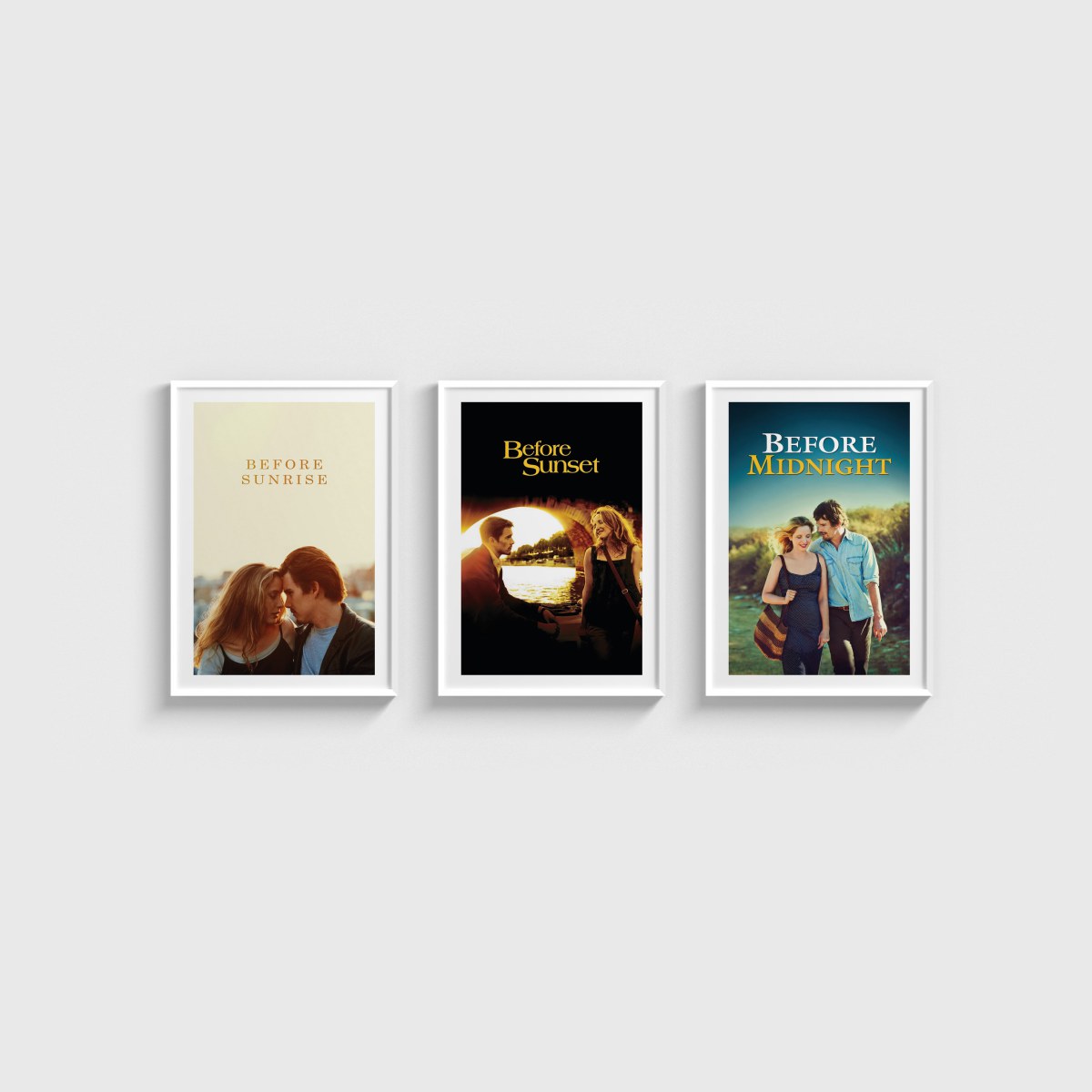 Before Sunrise, Sunset ve Midnight Üçlü Poster Seti, beyaz çerçeveli tablo seti