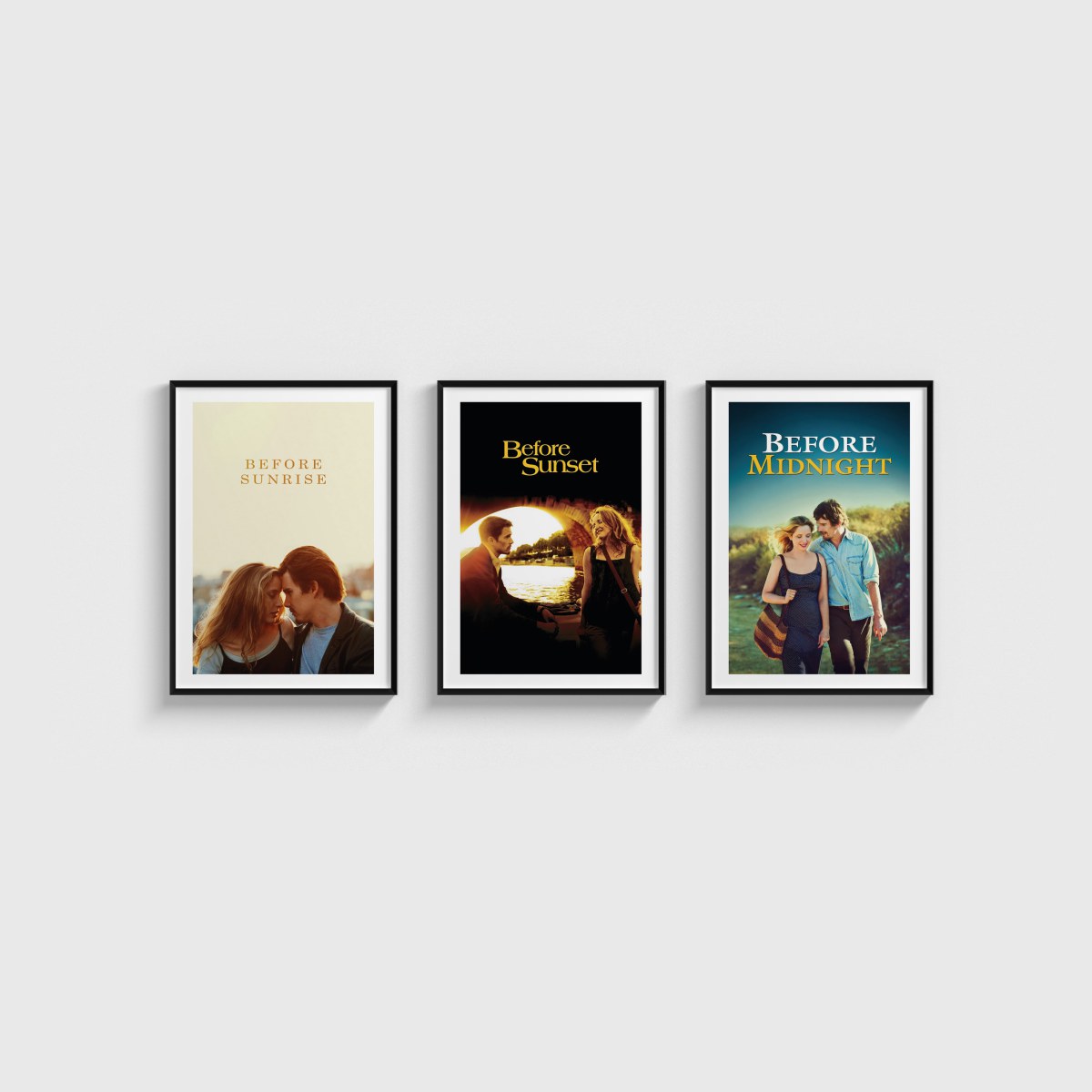 Before Sunrise, Sunset ve Midnight Üçlü Poster Seti, siyah çerçeveli tablo seti