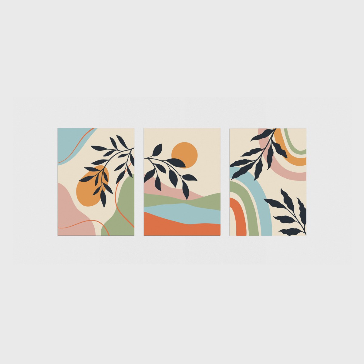 Boho Lacivert Yapraklar Üçlü Poster Seti, çerçevesiz poster seti