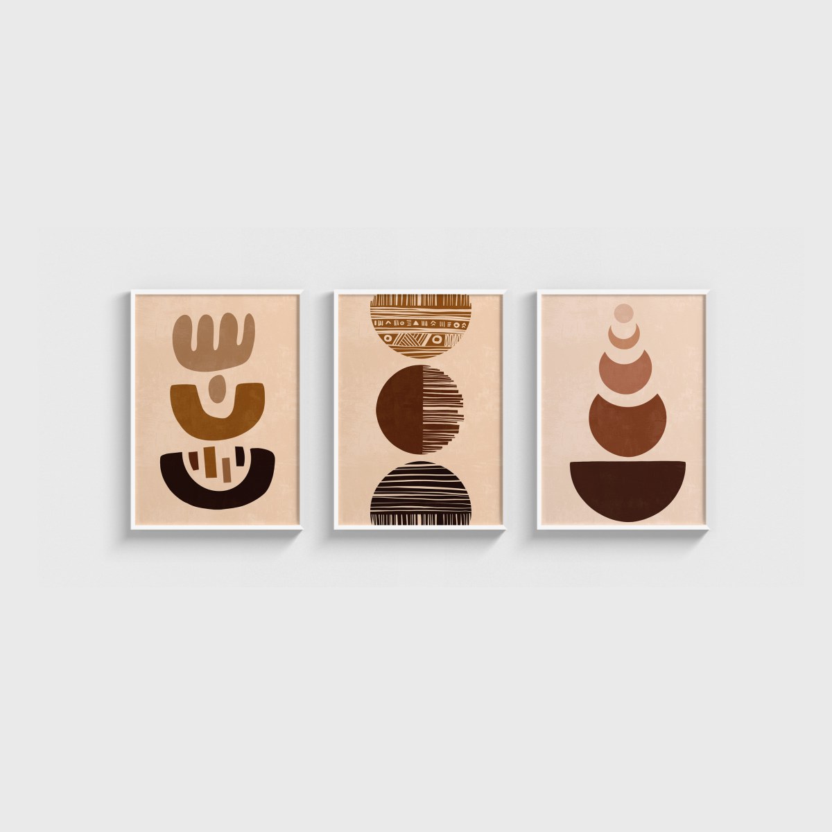 Boho Kahve Tonlarında Formlar Üçlü Poster Seti, beyaz çerçeveli tablo seti