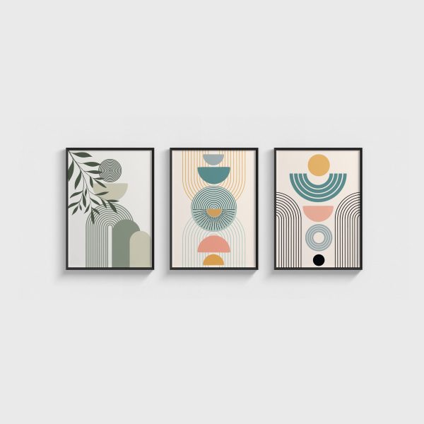 Boho Petrol Mavisi ve Yeşil Üçlü Poster Seti, siyah çerçeveli tablo seti