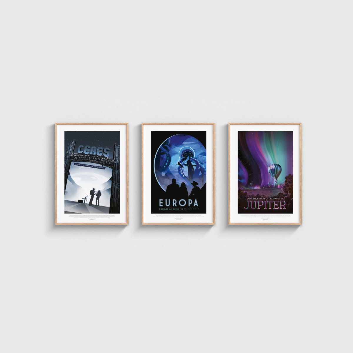 NASA Uzay Seyahati Üçlü Poster Seti, ahşap çerçeveli tablo seti