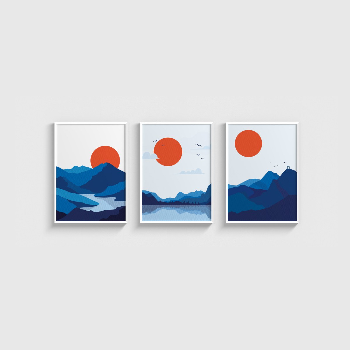Japon Dağları Üçlü Poster Seti, beyaz çerçeveli tablo seti