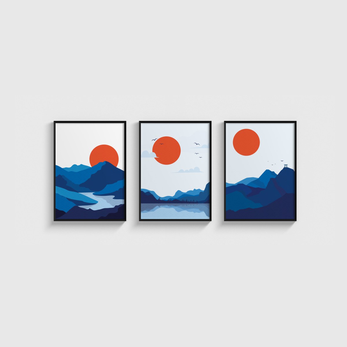 Japon Dağları Üçlü Poster Seti, siyah çerçeveli tablo seti