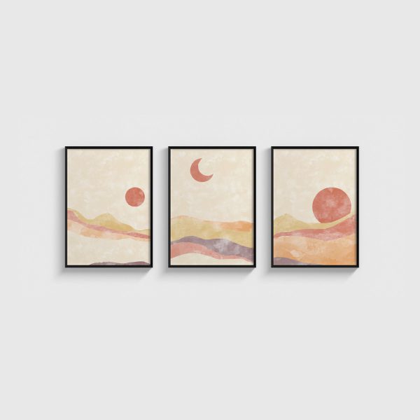 Pastel Çöl Sulu Boya Üçlü Poster Seti, siyah çerçeveli tablo seti