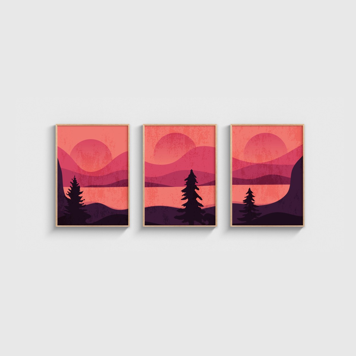 Pembe Göl ve Çam Siluetleri Üçlü Poster Seti, ahşap çerçeveli tablo seti