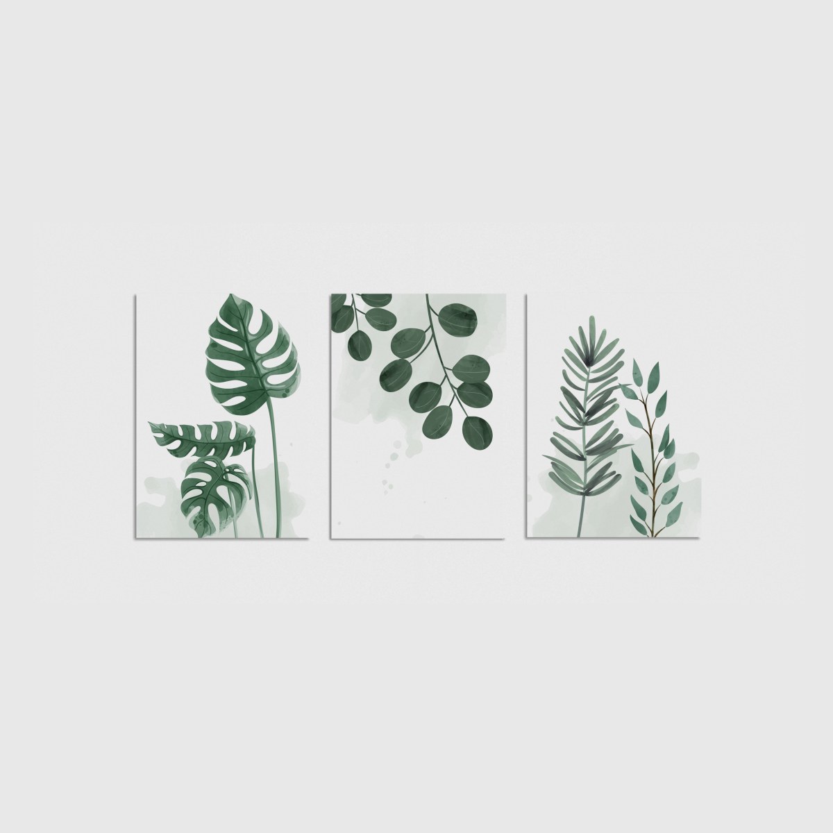 Sulu Boya Monstera ve Okaliptüs Üçlü Poster Seti, çerçevesiz poster seti