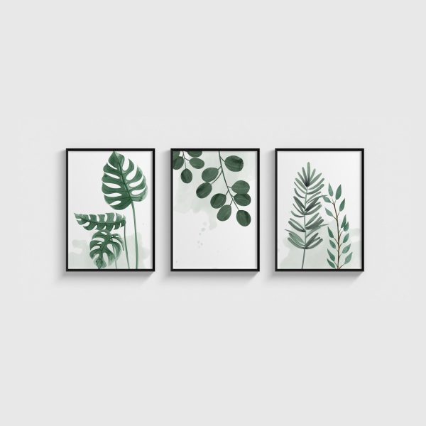 Sulu Boya Monstera ve Okaliptüs Üçlü Poster Seti, siyah çerçeveli tablo seti
