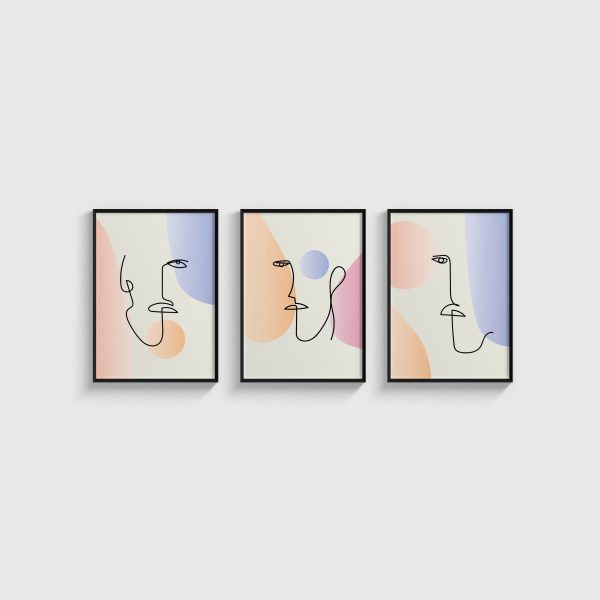Pastel Formlar ve Çizgi Profiller Üçlü Poster Seti, siyah çerçeveli tablo seti