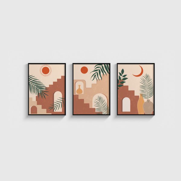 Terrakota Merdiven ve Palmiye Üçlü Poster Seti, siyah çerçeveli tablo seti
