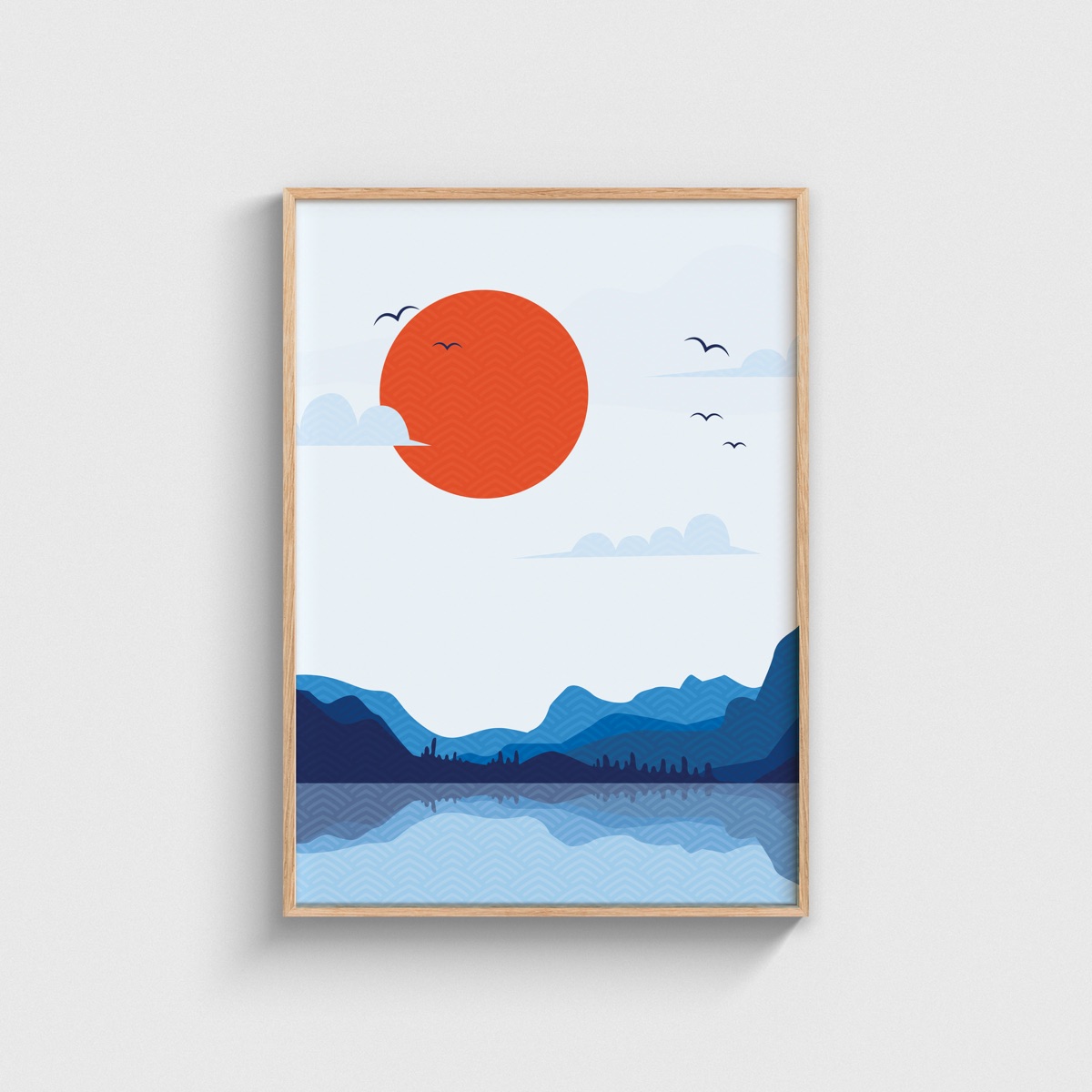 Japon Dağları Göl ve Kuşlar posteri, ahşap çerçeveli tablo