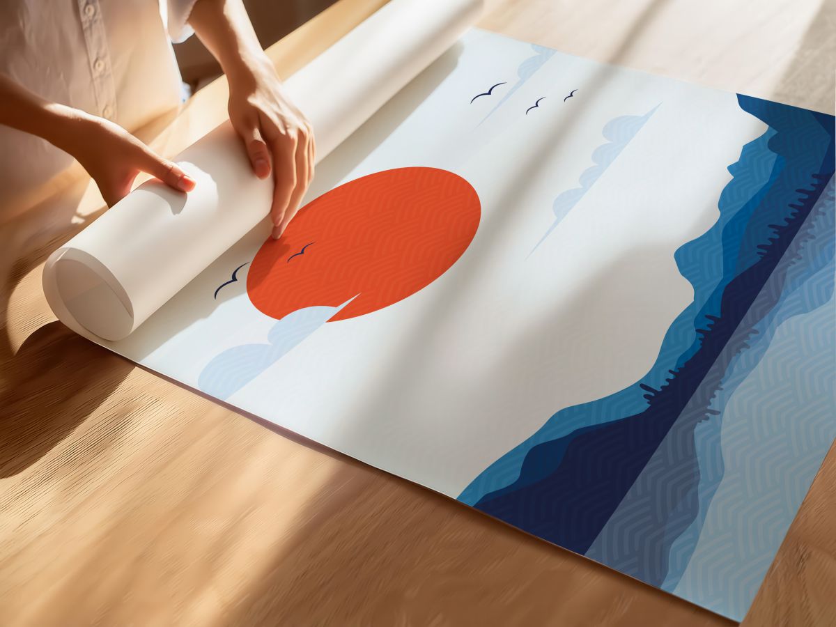 Japon Dağları Göl ve Kuşlar, rulo yapılmış çerçevesiz poster
