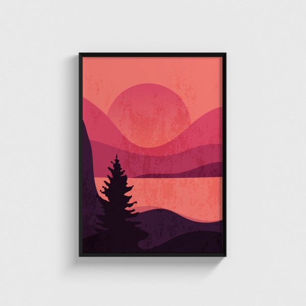 Pembe Göl ve Çam Siluetleri manzara posteri, siyah çerçeveli tablo