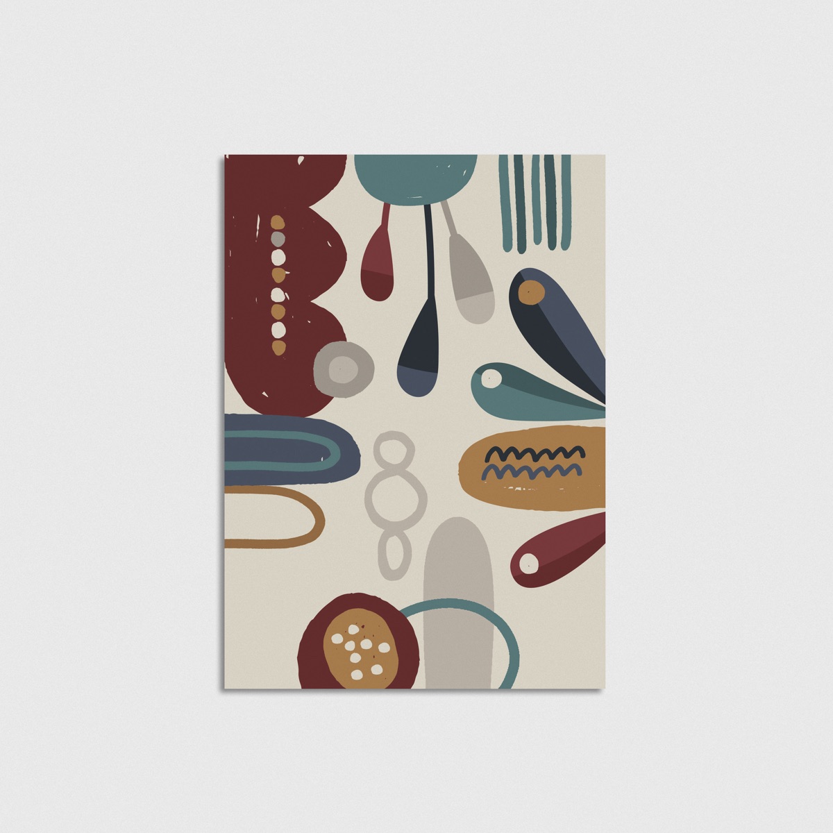 Boho Organik Desen Bordo ve Petrol soyut posteri, çerçevesiz poster