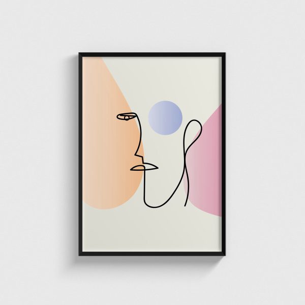 Pastel Daire ve Çizgi Yüzler line art posteri, siyah çerçeveli tablo