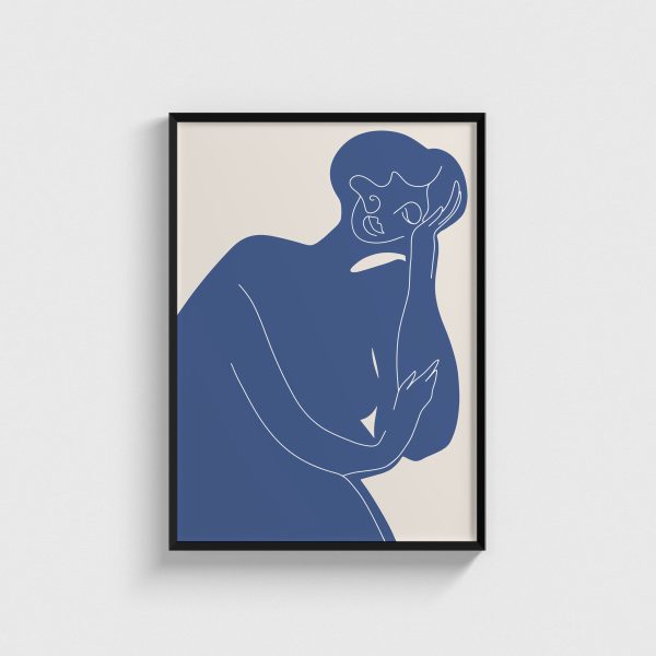 Mavi Kadın Figürü Saçlarıyla line art posteri, siyah çerçeveli tablo