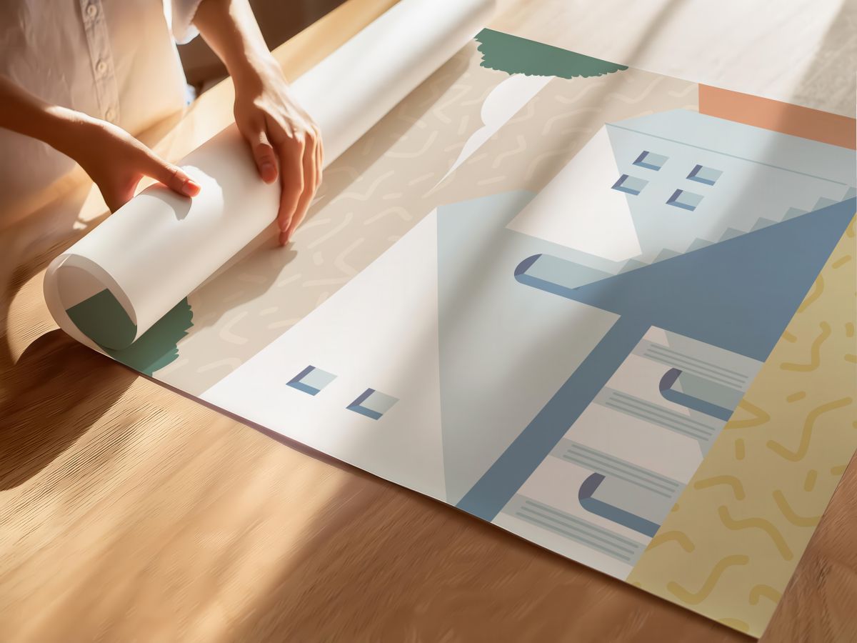 Pastel Şehir Merdivenli Evler, rulo yapılmış çerçevesiz poster
