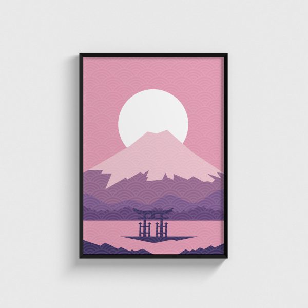 Pembe Fuji Dağı ve Torii japon posteri, siyah çerçeveli tablo