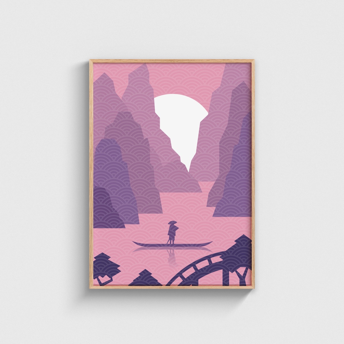 Pembe Kayalıklar ve Kayıkçı japon posteri, ahşap çerçeveli tablo