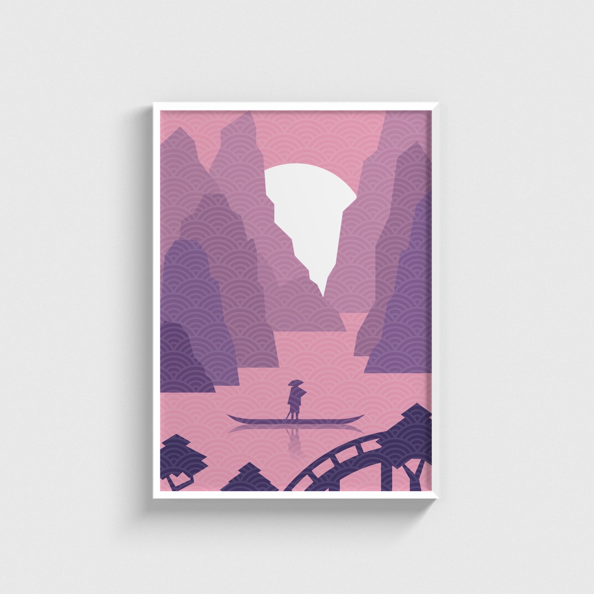 Pembe Kayalıklar ve Kayıkçı japon posteri, beyaz çerçeveli tablo