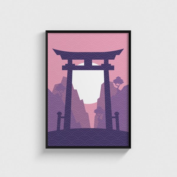 Pembe Gökyüzü ve Torii Kapısı japon posteri, siyah çerçeveli tablo