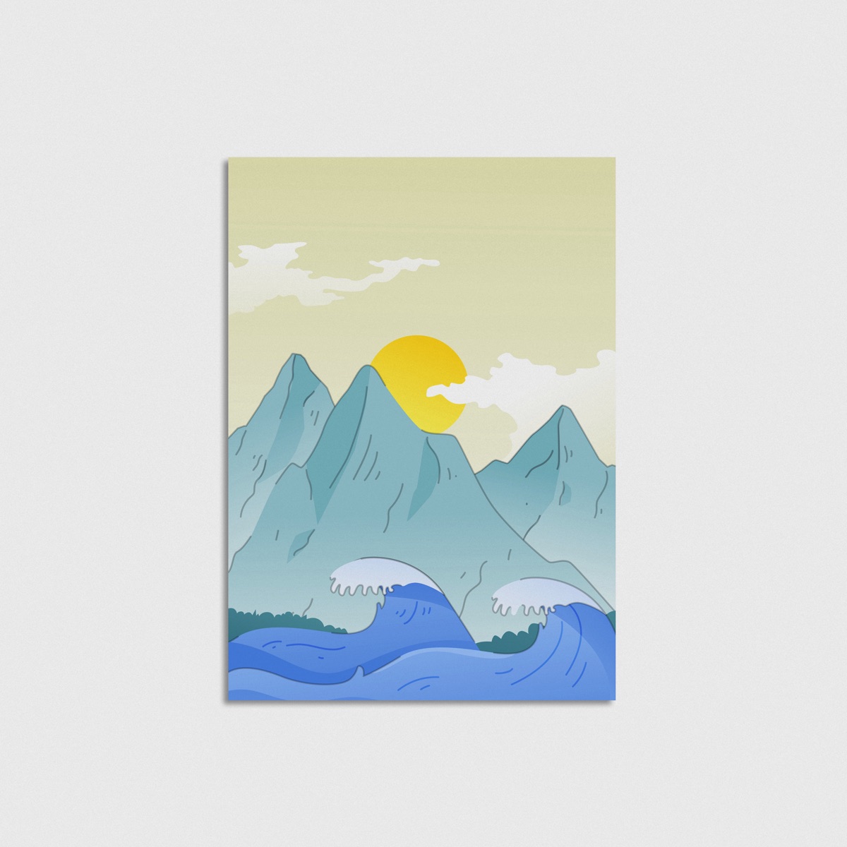 Japon Dalgaları ve Sarı Güneş posteri, çerçevesiz poster