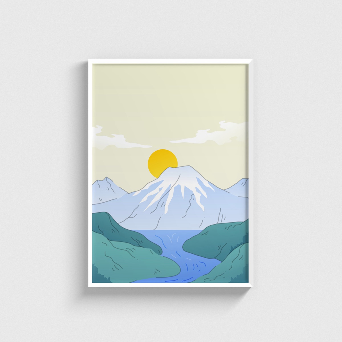 Karlı Fuji Dağı ve Nehir japon posteri, beyaz çerçeveli tablo