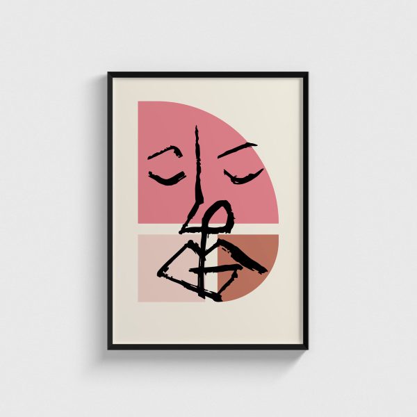 Pembe Yarım Daire ve Çizgi Yüz line art posteri, siyah çerçeveli tablo