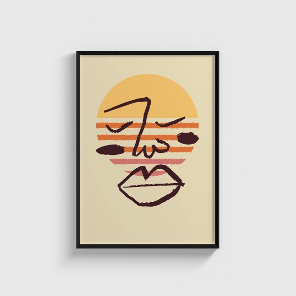 Sarı Güneş ve Çizgi Yüz line art posteri, siyah çerçeveli tablo