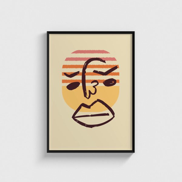 Sarı Daire ve Turuncu Şeritli Yüz line art posteri, siyah çerçeveli tablo