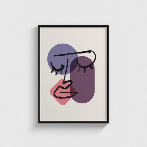 Mor Formlar ve Uyuyan Yüz line art posteri, siyah çerçeveli tablo