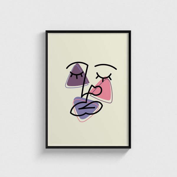 Lila Üçgen ve Çizgi Yüz line art posteri, siyah çerçeveli tablo