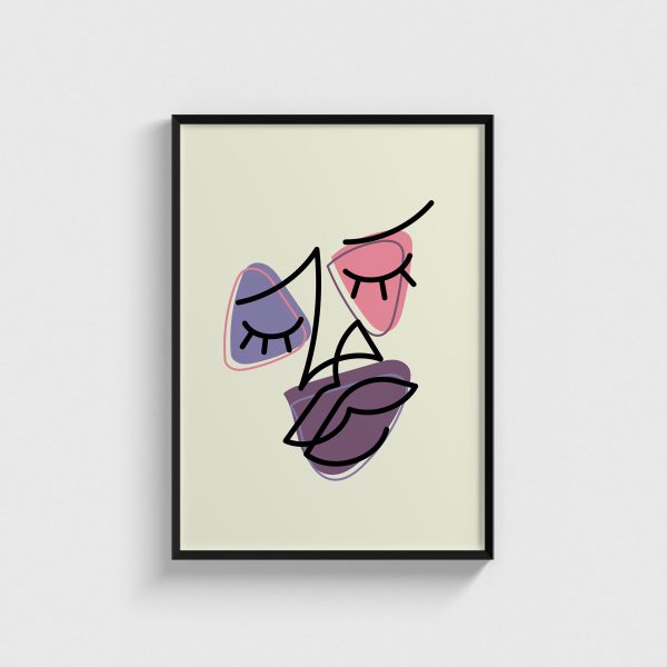Lila ve Pembe Formlar Çizgi Yüz line art posteri, siyah çerçeveli tablo