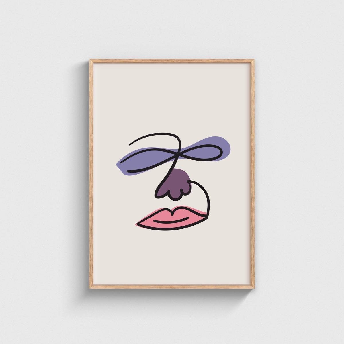 Lila Saçlı Çizgi Yüz line art posteri, ahşap çerçeveli tablo