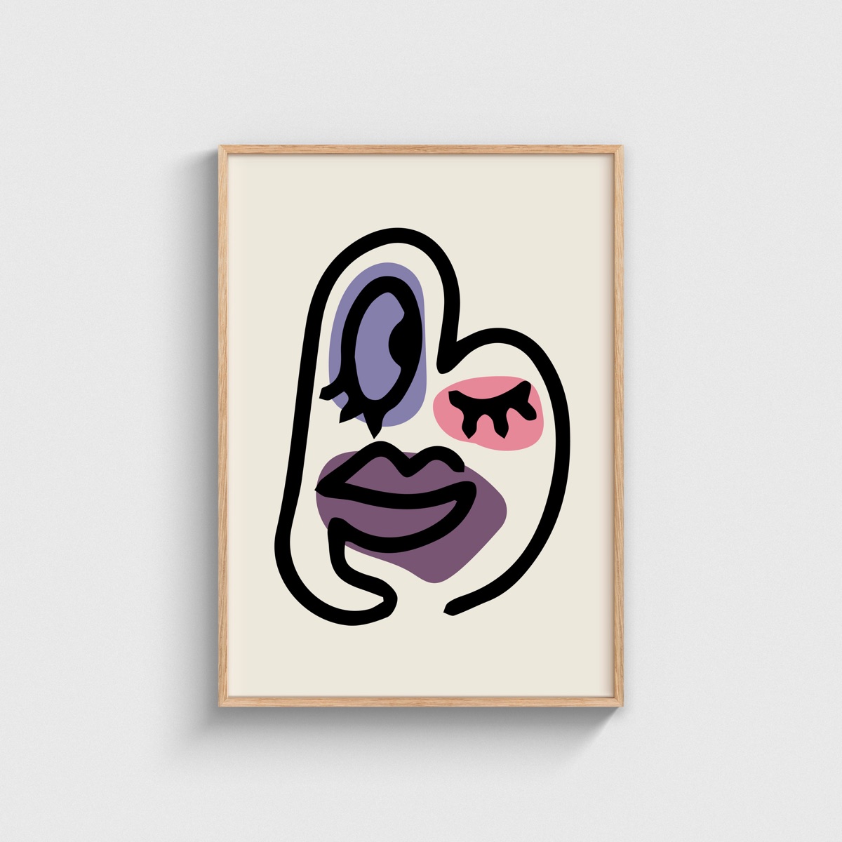 Mor Dudaklı Oval Yüz line art posteri, ahşap çerçeveli tablo
